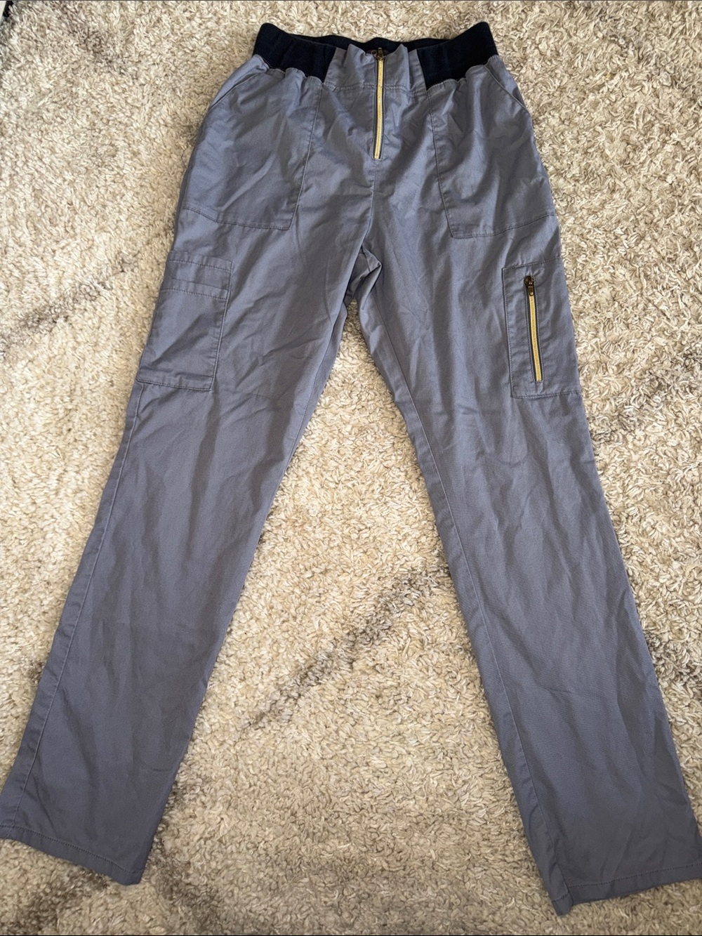 Jaanuu Graphite Cargo Gray Scrub Pants with Black Elastic Waist, Yellow Zippers